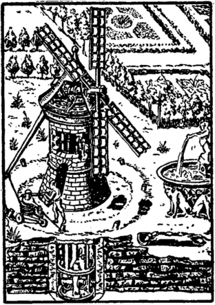 Старинное изображение голландской ветряной мельницы.