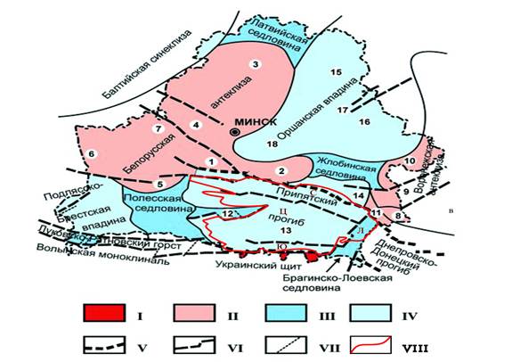 Карта тектонического районирования территории Беларуси.