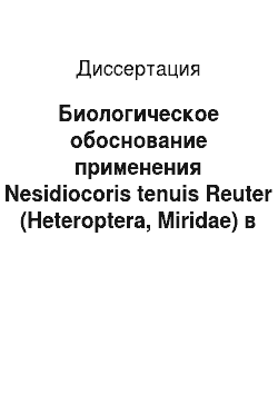 Диссертация: Биологическое обоснование применения Nesidiocoris tenuis Reuter (Heteroptera, Miridae) в качестве энтомофага вредителей овощных культур в защищенном грунте